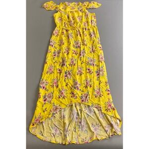 Kingston Grey‎ Cold Shoulder Hi-Lo Maxi Dress XL Yellow Pink Floral EUC
